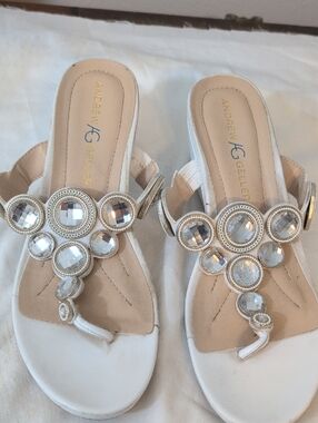 Andrew Geller White Jeweled Thong Sandals with Crystal Accents